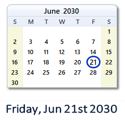 June 21, 2030 calendar