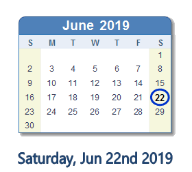 June 22, 2019 calendar