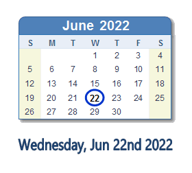 22 June 2022 calendar