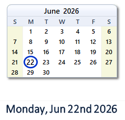 June 22, 2026 calendar