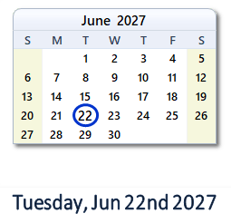 22 June 2027 calendar