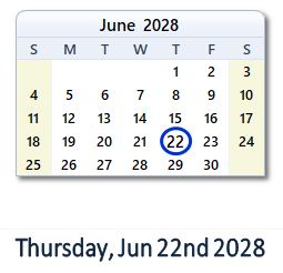 June 22, 2028 calendar