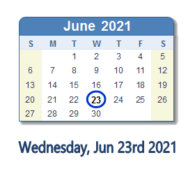 June 23, 2021 calendar