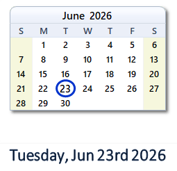 June 23, 2026 calendar