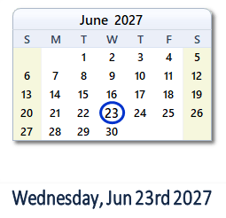 June 23, 2027 calendar