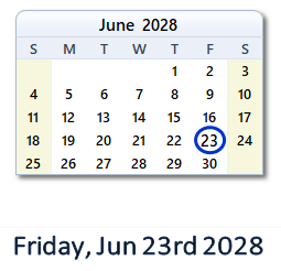 June 23, 2028 calendar