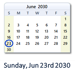 June 23, 2030 calendar