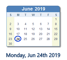 June 24, 2019 calendar