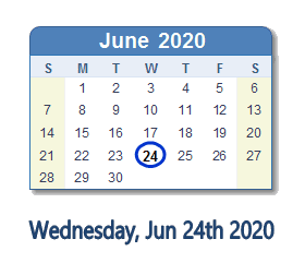 June 24, 2020 calendar
