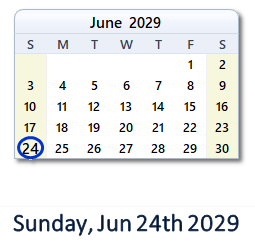 June 24, 2029 calendar