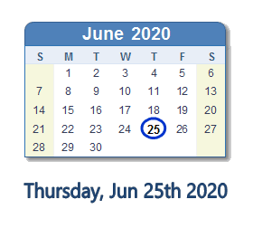 June 25, 2020 calendar