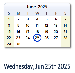 25 June 2025 calendar