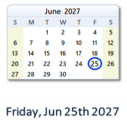 25 June 2027 calendar