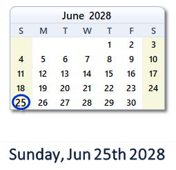 June 25, 2028 calendar