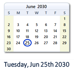 June 25, 2030 calendar