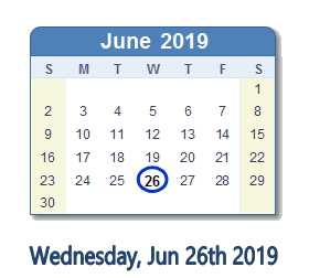 June 26, 2019 calendar