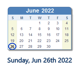 26 June 2022 calendar
