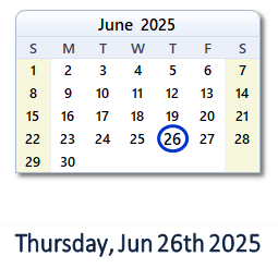 26 June 2025 calendar