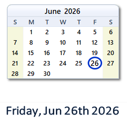 26 June 2026 calendar