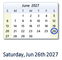26 June 2027 calendar