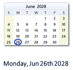 June 26, 2028 calendar