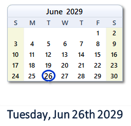 June 26, 2029 calendar