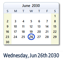 June 26, 2030 calendar