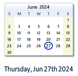 27 June 2024 calendar