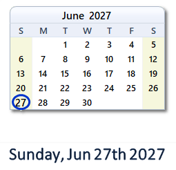 27 June 2027 calendar
