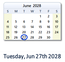 June 27, 2028 calendar