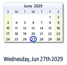 June 27, 2029 calendar