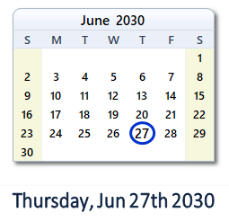 June 27, 2030 calendar