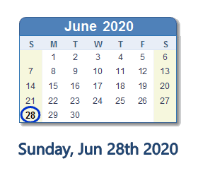 June 28, 2020 calendar