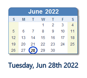 June 28, 2022 calendar