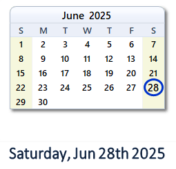 28 June 2025 calendar