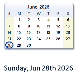 June 28, 2026 calendar