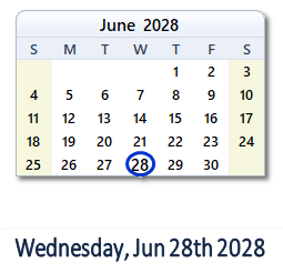 June 28, 2028 calendar