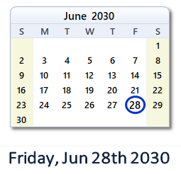 June 28, 2030 calendar