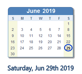 June 29, 2019 calendar