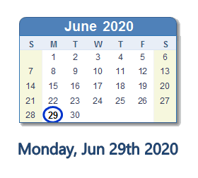 June 29, 2020 calendar