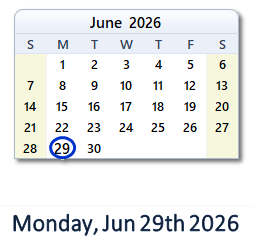 June 29, 2026 calendar