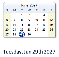 June 29, 2027 calendar