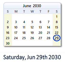 June 29, 2030 calendar