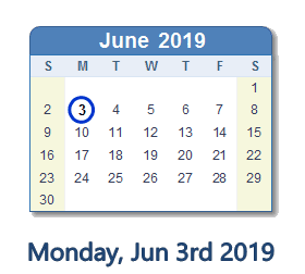 June 3, 2019 calendar