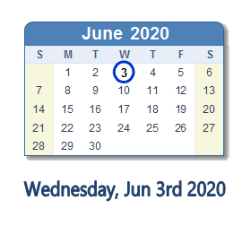 June 3, 2020 calendar
