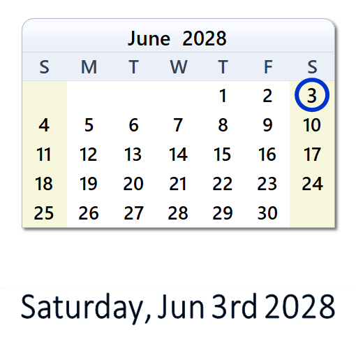June 3, 2028 Calendar with Holidays and Count Down - CAN