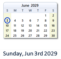 June 3, 2029 calendar