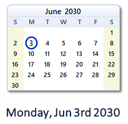 June 3, 2030 calendar
