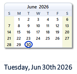 30 June 2026 calendar