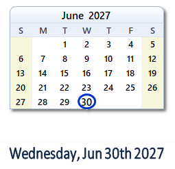 June 30, 2027 calendar